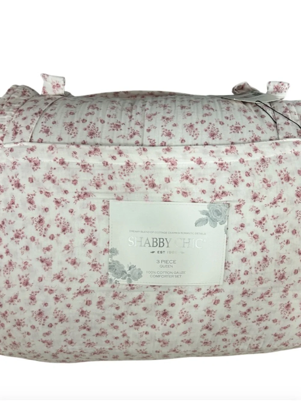 Shabby Chic Floral Pink and White Cotton Gauze Queen Comforter Set 90”x90”